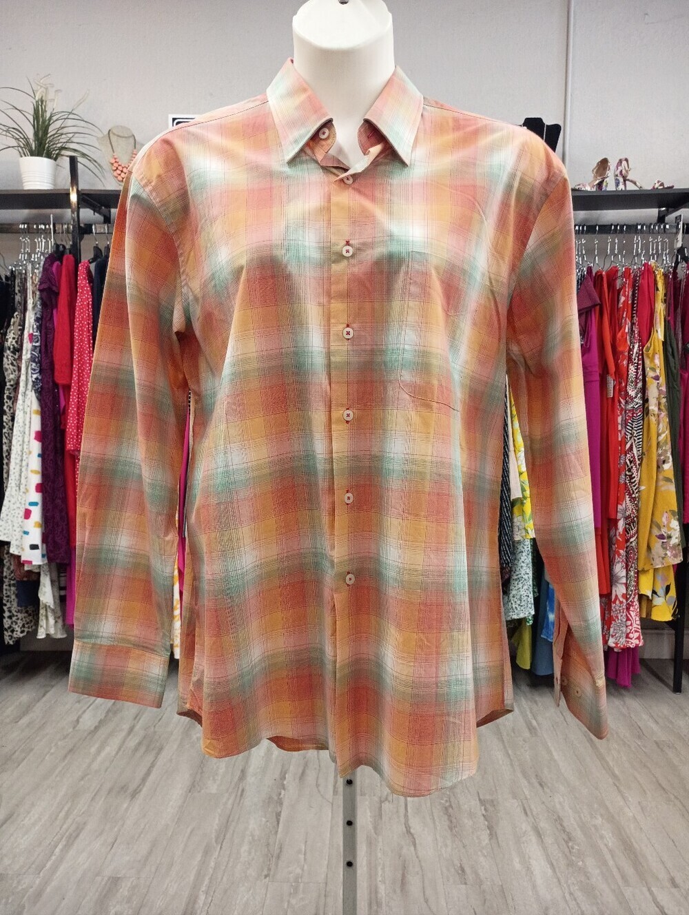 Classic Plaid Button-Down Shirt in Peach Multi